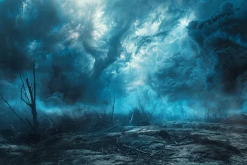 Rolgordijnen In a landscape where hell meets earth, a blue aura filters through chaos, highlighting the despair. © Thor.PJ