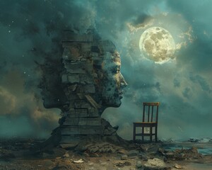 Gentle zephyrs whisper through a two-faced realm, where celestial wooden chairs offer solace - obrazy, fototapety, plakaty