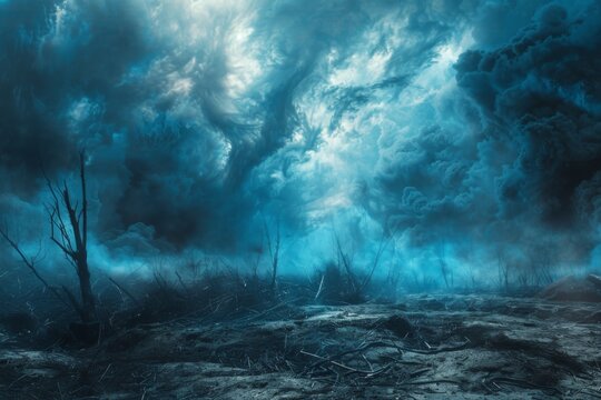In a landscape where hell meets earth, a blue aura filters through chaos, highlighting the despair. © Thor.PJ