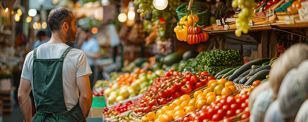 A grocer stands amidst a vibrant array of fresh produce at a local market.