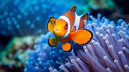 A clown anemonefish in colorful anemone - obrazy, fototapety, plakaty