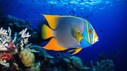 A colorful Queen Angelfish glides through a diverse coral reef, showcasing the rich marine biodiversity