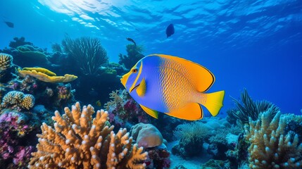 Naklejka na ściany i meble A colorful Queen Angelfish glides through a diverse coral reef, showcasing the rich marine biodiversity