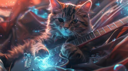 A cat playing a guitar, emitting waves of teleporting sci-fi fantasy frequencies, in bliss.