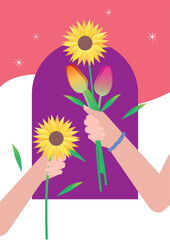 Illustration of hands holding flowers. Tulips and sunflowers. Delicate poster. Bouquet of flowers. Flat illustration.