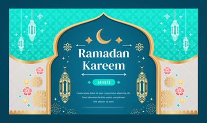 Ramadan kareem background and banner design template with turquoise color for ramadan celebration