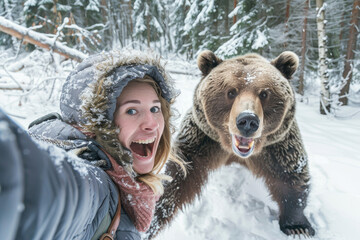 woman tourist take selfie while running out from angry bear in snow forest
