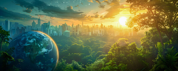 Surreal cityscape with a lush forest and a large Earth model in a dreamlike sunrise.