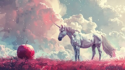 A young unicorn beside a color-changing apple, under a plastic graph sky. Vibrant yet subtle. - obrazy, fototapety, plakaty