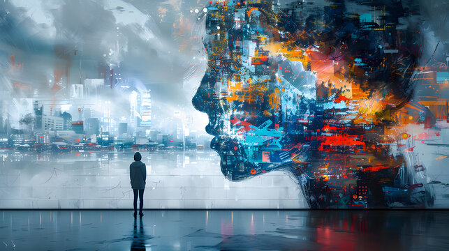 Person in front of a futuristic cityscape overlaid with a digital human profile.