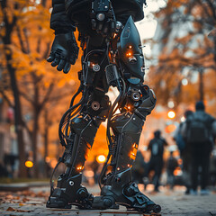 Close-up of a person wearing advanced robotic leg braces, with fall colors in background.
