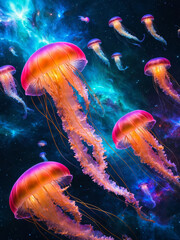 Naklejka premium a group of translucent neon glowing jelly fish floating through space, nebula galaxy, vibrant colours, universe, relaxing, stunning, celestial adventure, interstellar journey