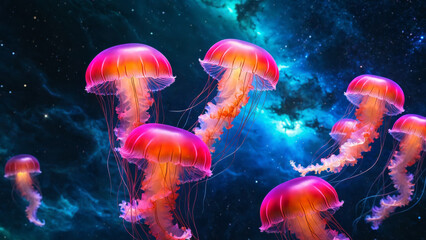 a group of translucent neon glowing jelly fish floating through space, nebula galaxy, vibrant colours, universe, relaxing, stunning, celestial adventure, interstellar journey