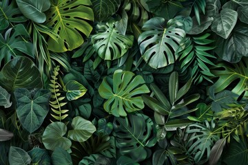 Lush green leaves fill the frame, creating a vibrant nature background Artistic composition of an assortment of tropical plants with featuring different textures and shades of green, for a botanical 