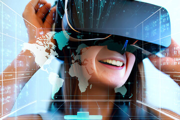 Cyberspace, metaverse and virtual reality concept with young beautiful woman in VR headset projected virtual reality hologram with world map on abstract office background - 749396690