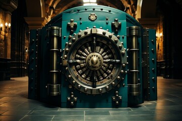 bank vault with armored door, with gold bullion, cells for precious stones