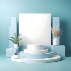 White Podium and Sky Blue background with Cloud for Product Presentation