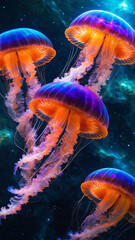 Fototapeta na wymiar a group of translucent neon glowing jelly fish floating through space, nebula galaxy, vibrant colours, universe, relaxing, stunning, celestial adventure, interstellar journey