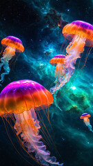 a group of translucent neon glowing jelly fish floating through space, nebula galaxy, vibrant colours, universe, relaxing, stunning, celestial adventure, interstellar journey