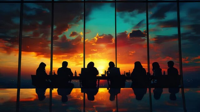 Group of people sitting at a table during sunset. Suitable for various lifestyle and outdoor concepts.