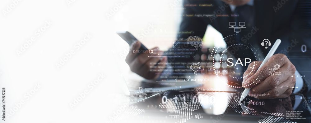 Poster sap - business process automation software and management software, businessman using digital tablet