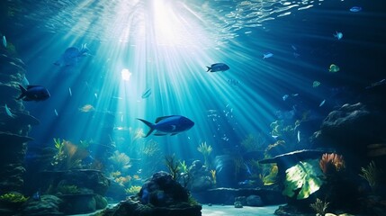 Fototapeta na wymiar Aquarium of large fish with light rays hitting the glass