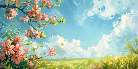 spring meadow with flowers, spring weather banner, poster, spring weather background, spring background