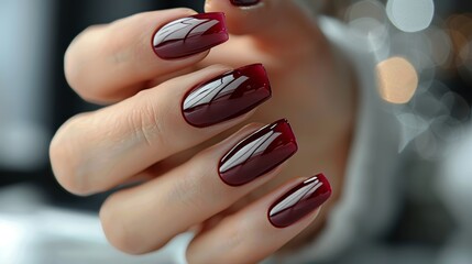 Close up of woman's manicure nails, red nail color, beautiful woman's nails with french manicure, red colored nails, make up and cosmetics, red nail polish