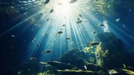 Aquarium of large fish with light rays hitting the glass - obrazy, fototapety, plakaty