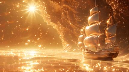 A golden ship sails through a sparkling cave with sparkly gold light and fog. - obrazy, fototapety, plakaty