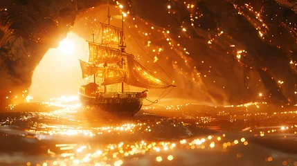 Fotobehang A golden ship sails through a sparkling cave with sparkly gold light and fog. © wing