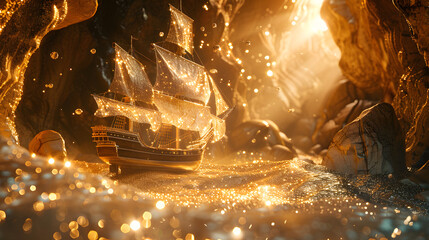 A golden ship sails through a sparkling cave with sparkly gold light and fog. - obrazy, fototapety, plakaty