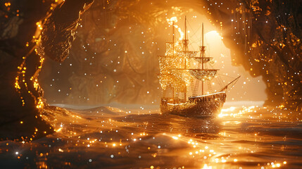 A golden ship sails through a sparkling cave with sparkly gold light and fog.