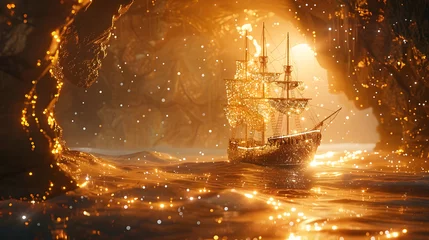 Foto op Canvas A golden ship sails through a sparkling cave with sparkly gold light and fog. © wing