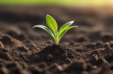A small plant growing on the soil, the concept of the surrounding world and Earth Day