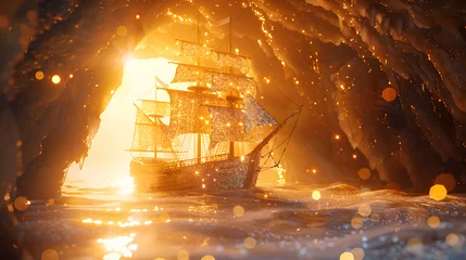 Tuinposter A golden ship sails through a sparkling cave with sparkly gold light and fog. © wing