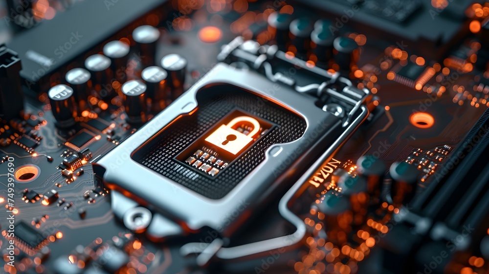 Poster closeup of computer motherboard with safety lock symbolizing secure online connection. concept techn