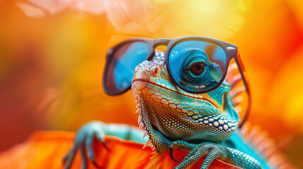 Lizard with Sunglasses on Vibrant Orange Background