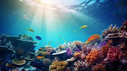 Naklejka na ściany i meble Coral Reef and Tropical Fish in Sunlight