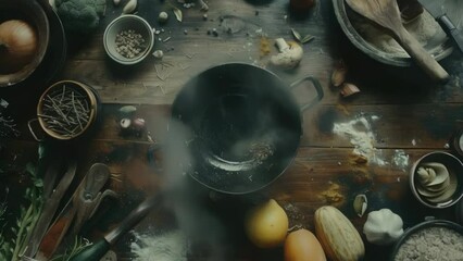 A wooden table topped with pots and pans filled with food. Perfect for food bloggers or recipe websites.