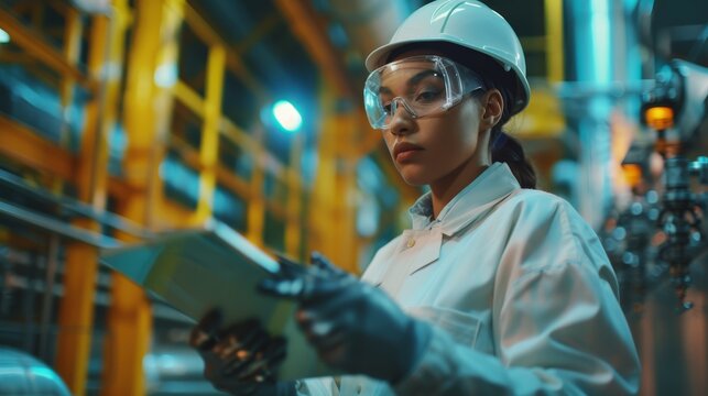Cropped image of female industrial engineer working with tablet in factory.
