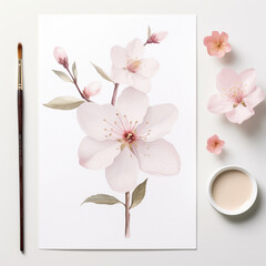 A watercolor sketch of a blossoming sakura branch lies between a watercolor brush and a container of water, as well as fresh cherry flowers
