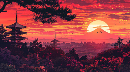Beautiful scenic view of temple in japan during sunrise in landscape comic style.
