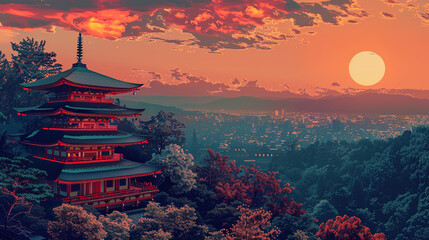 Fototapeta premium Beautiful scenic view of temple in japan during sunrise in landscape comic style.