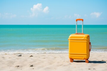Vibrant modern suitcase with wheels on beach, perfect for your travel and tourism concept projects