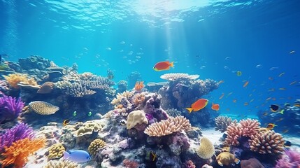Naklejka na ściany i meble Coral reef underwater. Fish under the sea