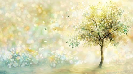 This illustration presents a tree enveloped in a whimsical play of light and bokeh, creating a serene and magical atmosphere.
