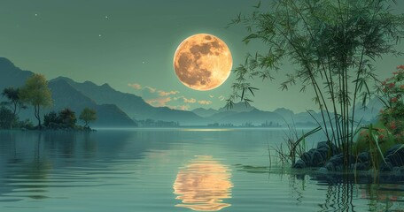 The bamboo tree is on the right corner of the clear lake, the moon in the middle radiates gentle light, in the distance is a dim mountain range