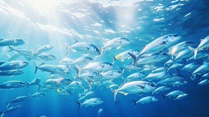 Fish in ocean. Snapper fish school. Shoal of fish in sea - obrazy, fototapety, plakaty