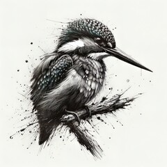 Illustration of a kingfisher fishing in the water, pencil drawing in black and white - obrazy, fototapety, plakaty
